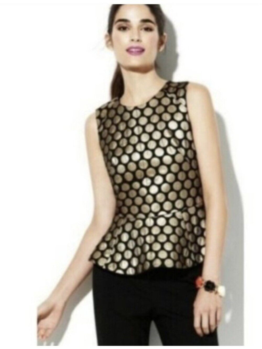 Vince‎ Camuto Black Gold Metallic Polka Dot Print Jacquard Peplum Top Size 6